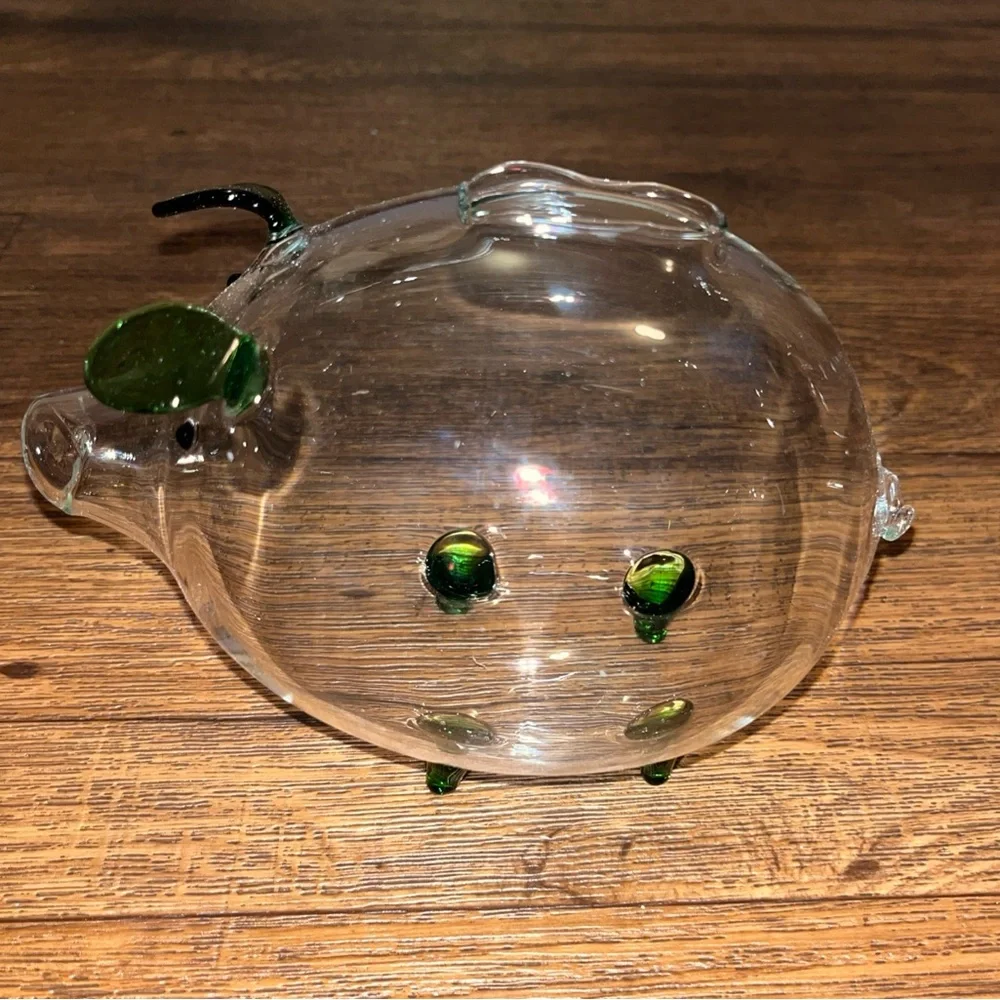 Clear Glass Piggy Bank W/Green Accents Hi-Quality Crystal-Clear Glass Hand-Made